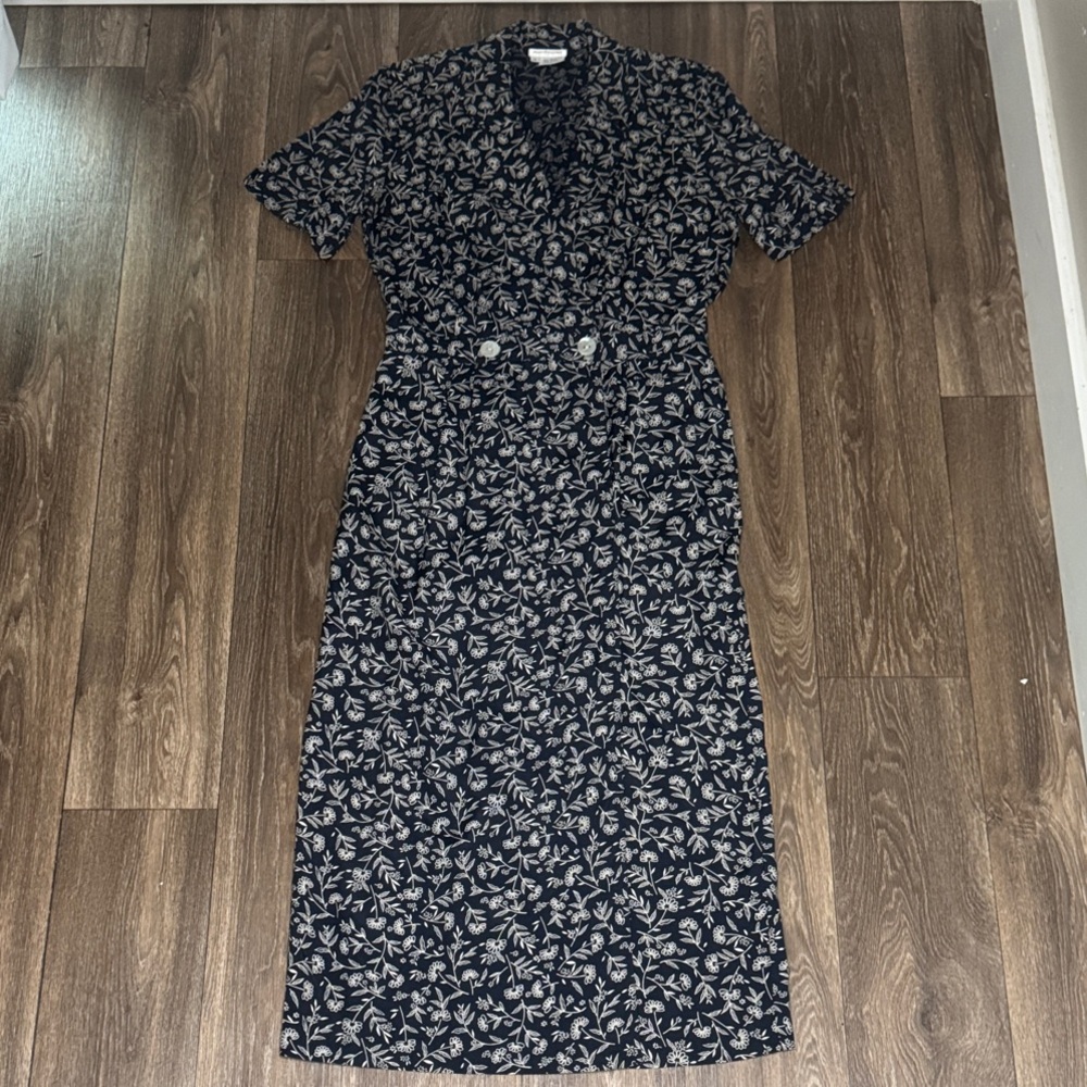 Chic Blue and Cream Floral Patterned Midi Dress Women Size 14